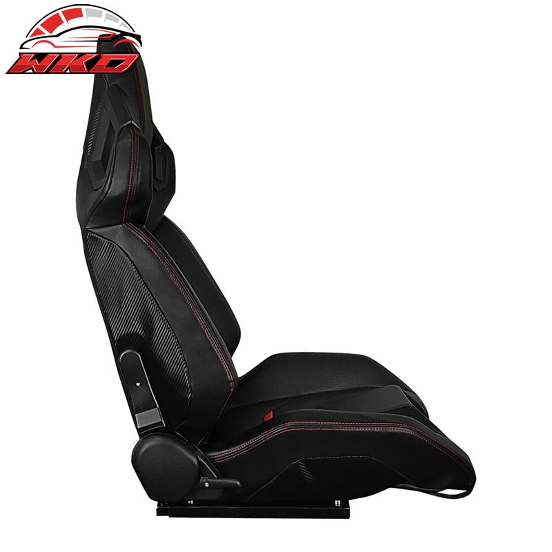Universal Reclinable Racing Seats Left Side Dual Sliders Black + Red PU Leather