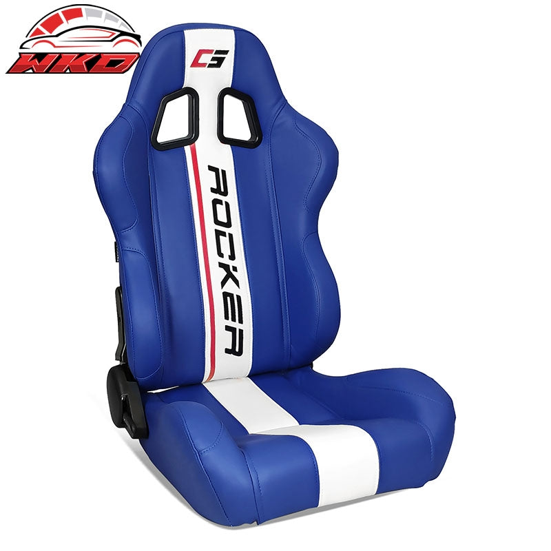 Wholesale Universal Reclinable Racing Seat Dual Slider Right Blue PU Leather White Stripe