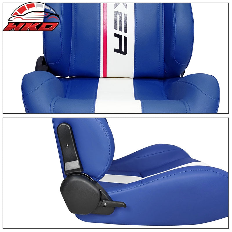 Universal Reclinable Racing Seat Dual Slider Right Blue PU Leather White Stripe