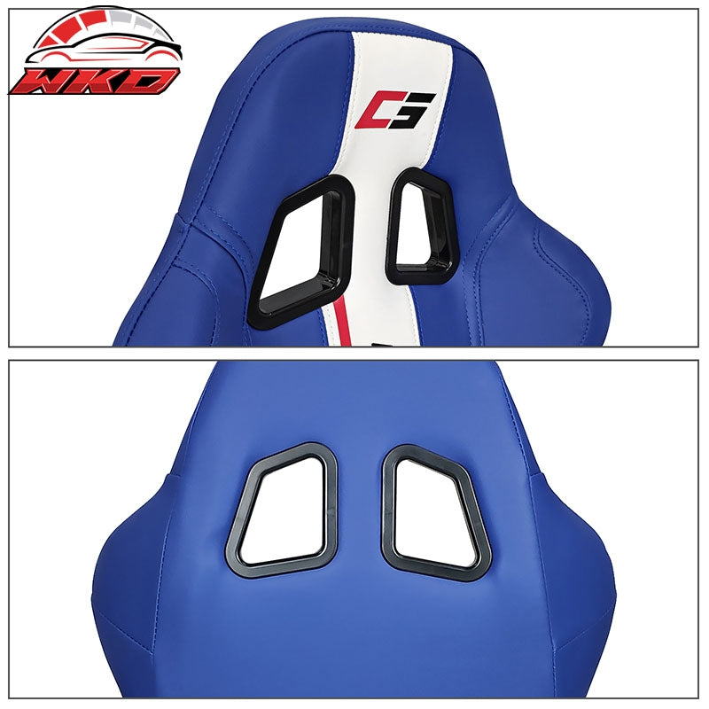 Universal Reclinable Racing Seat Dual Slider Right Blue PU Leather White Stripe