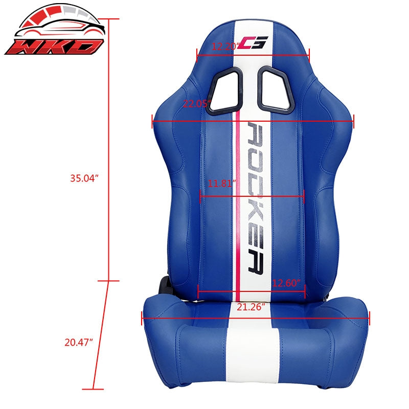 Universal Reclinable Racing Seat Dual Slider Right Blue PU Leather White Stripe