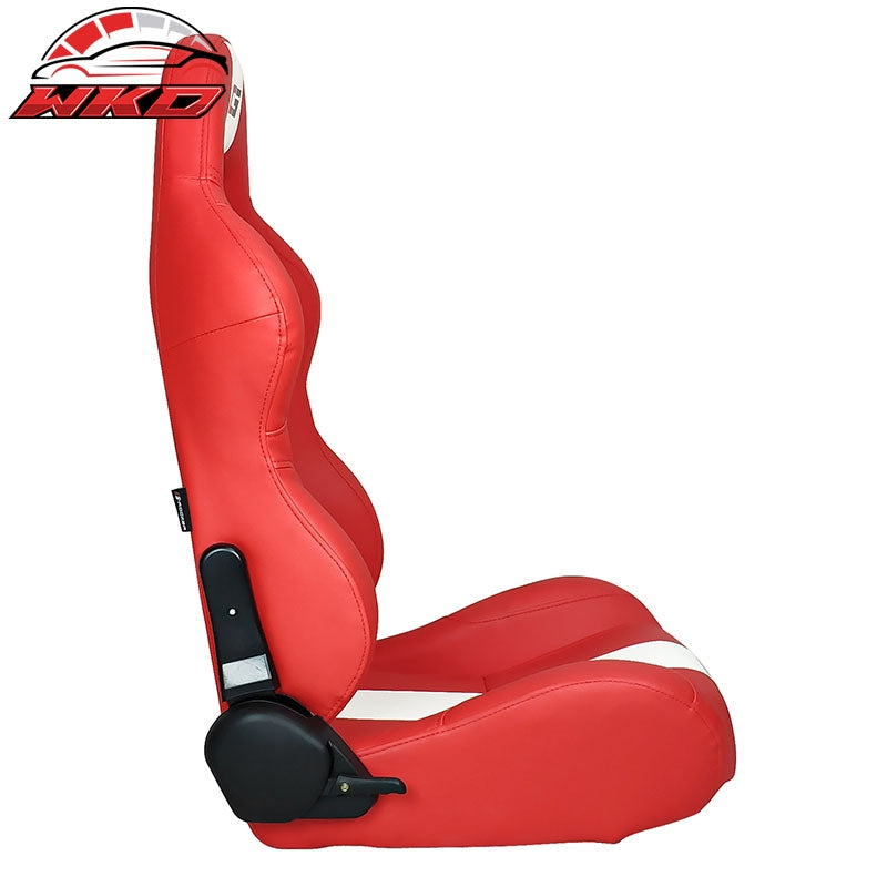 Universal Reclinable Racing Seat Dual Slider Right Red PU Leather White Stripe