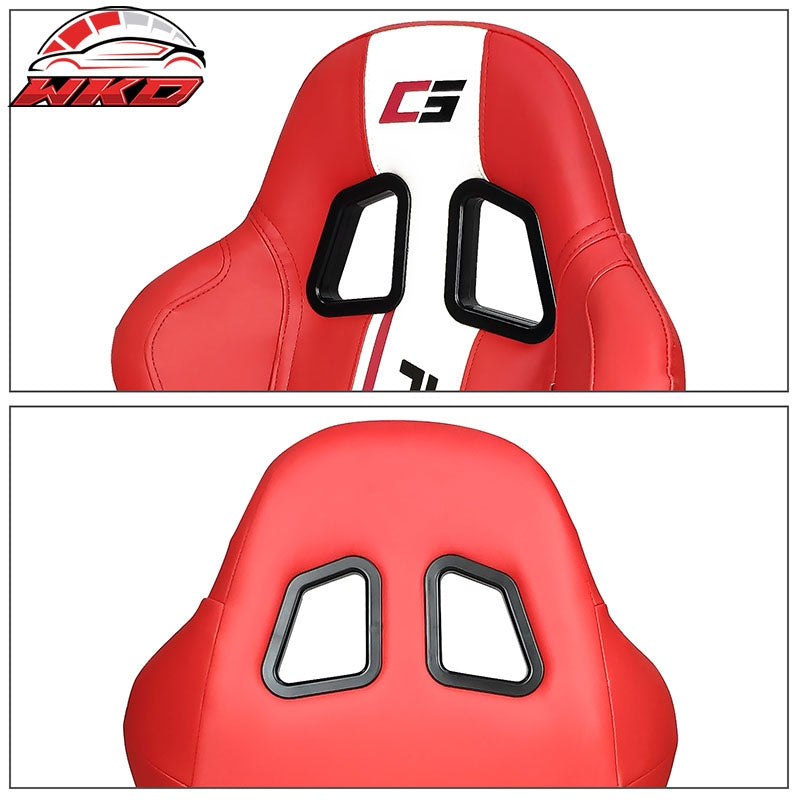 Universal Reclinable Racing Seat Dual Slider Right Red PU Leather White Stripe