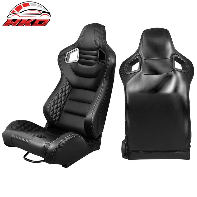 Universal Pair Reclinable Racing Seat Dual Slider PU Carbon Leather Grey Stitch