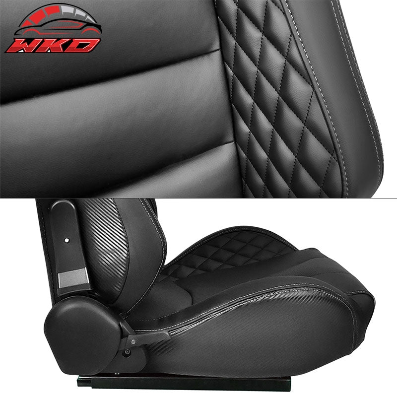 Universal Pair Reclinable Racing Seat Dual Slider PU Carbon Leather Grey Stitch
