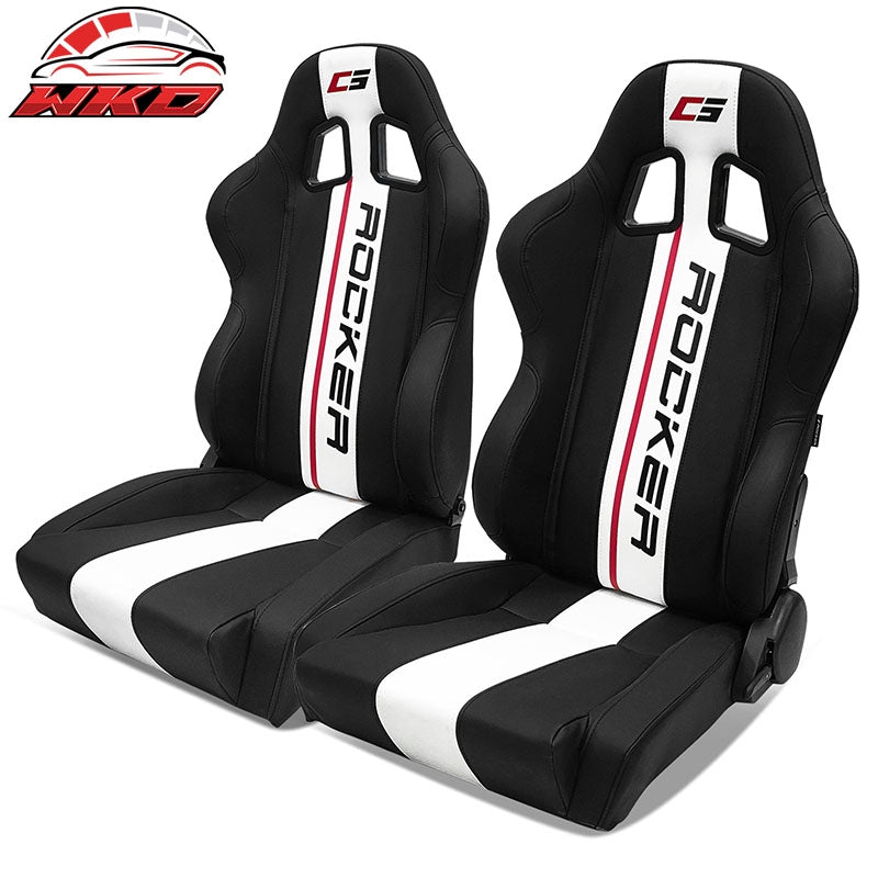 Wholesale Universal Pair Reclinable Racing Seat Dual Slider White Striped Black PU Leather