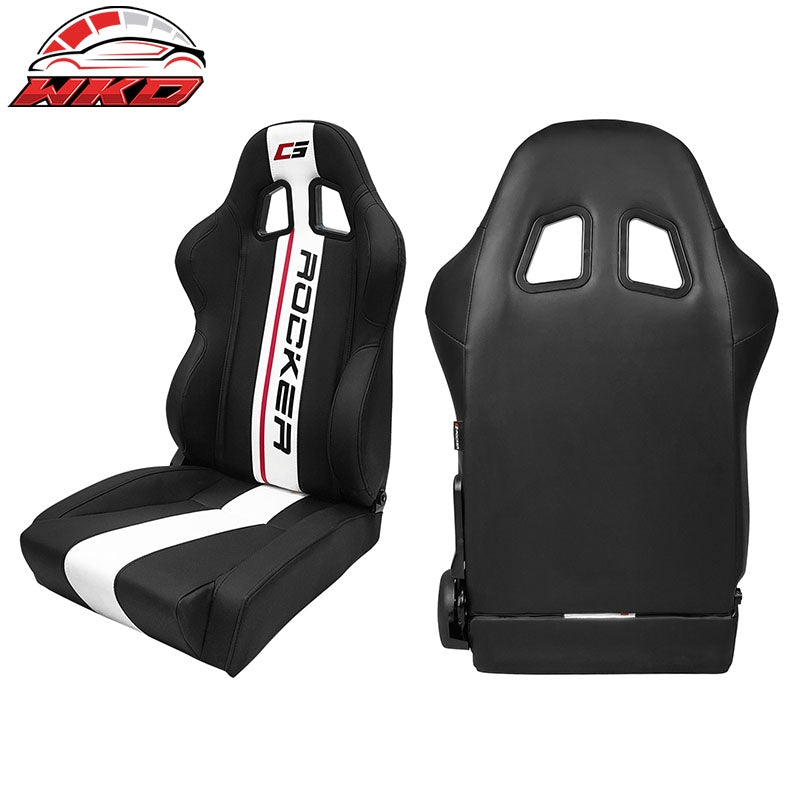 Universal Pair Reclinable Racing Seat Dual Slider White Striped Black PU Leather