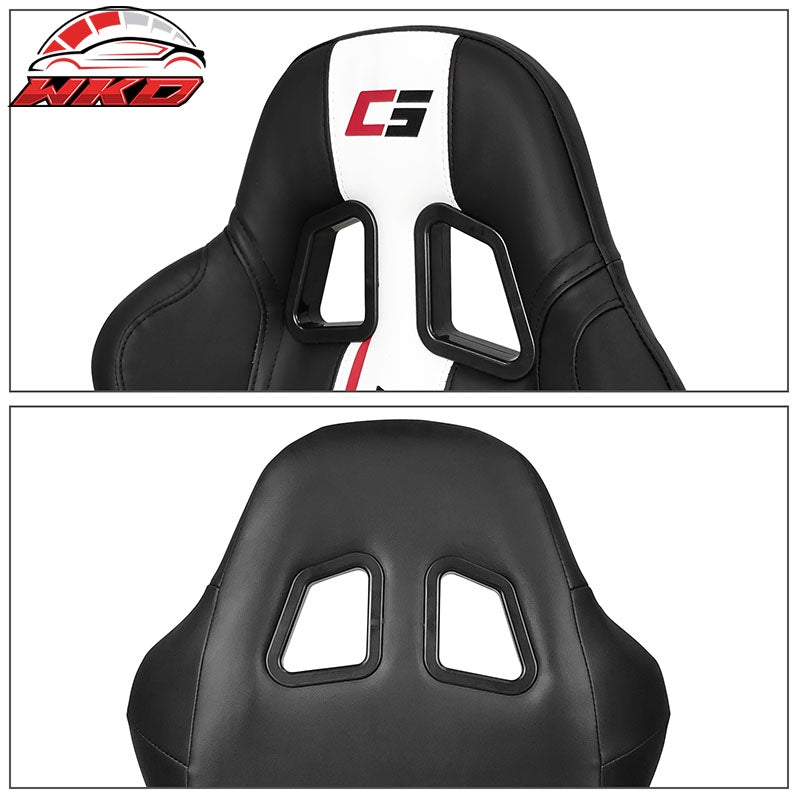 Universal Pair Reclinable Racing Seat Dual Slider White Striped Black PU Leather