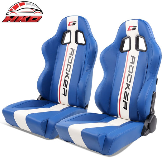 Wholesale Universal Pair Reclinable Racing Seat Dual Slider White Striped Blue PU Leather