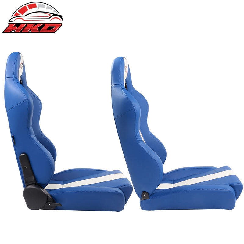 Universal Pair Reclinable Racing Seat Dual Slider White Striped Blue PU Leather