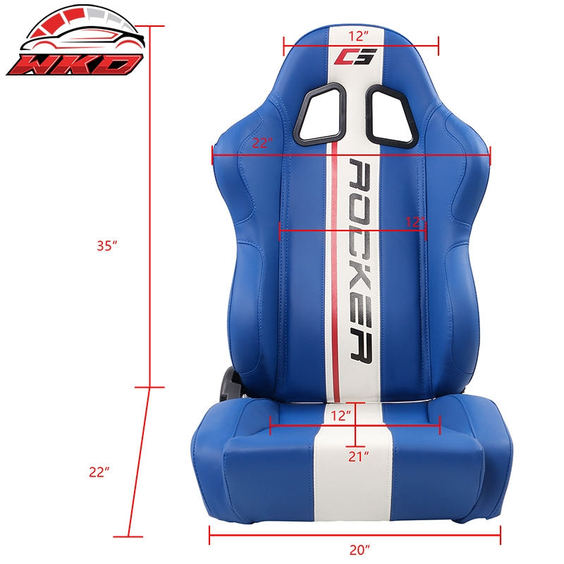 Universal Pair Reclinable Racing Seat Dual Slider White Striped Blue PU Leather