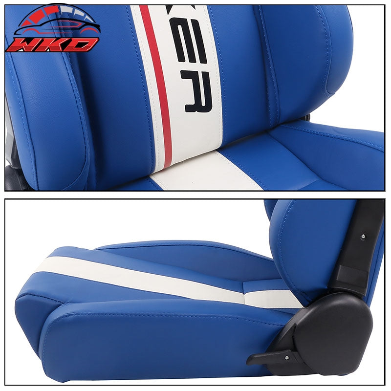 Universal Pair Reclinable Racing Seat Dual Slider White Striped Blue PU Leather