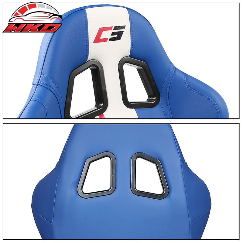 Universal Pair Reclinable Racing Seat Dual Slider White Striped Blue PU Leather