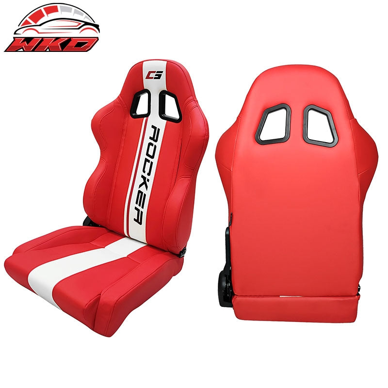 Universal Pair Reclinable Racing Seat + Dual Slider White Striped Red PU Leather