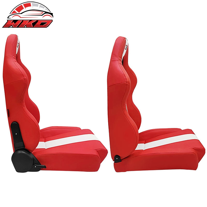 Universal Pair Reclinable Racing Seat + Dual Slider White Striped Red PU Leather