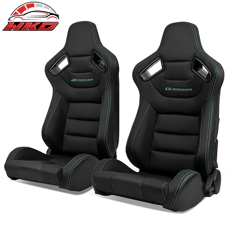 Wholesale Universal x2 Reclinable Racing Seat + Dual Slider BK Green PU & Carbon Leather