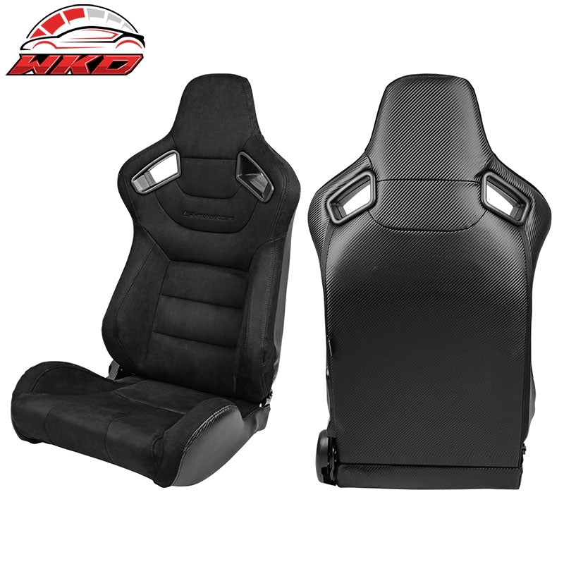 Universal Pair Reclinable Racing Seat Dual Slider Black Suede & Carbon Leather