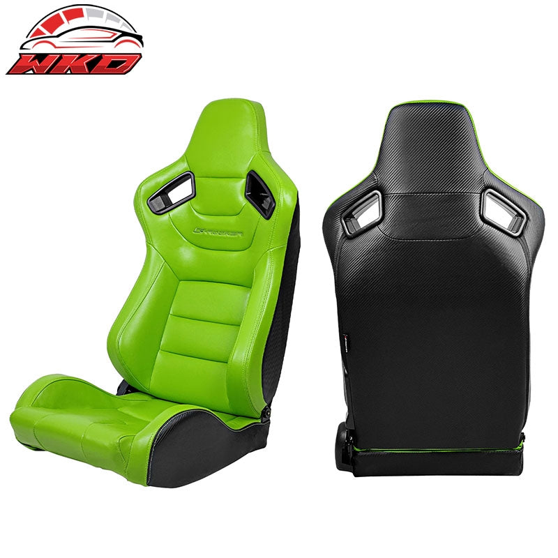 Universal Pair Reclinable Racing Seat + Dual Slider Green PU & Carbon Leather