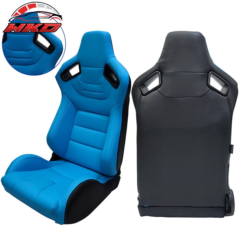 Universal Pair Reclinable Racing Seat + Dual Slider PU Carbon Leather Light Blue
