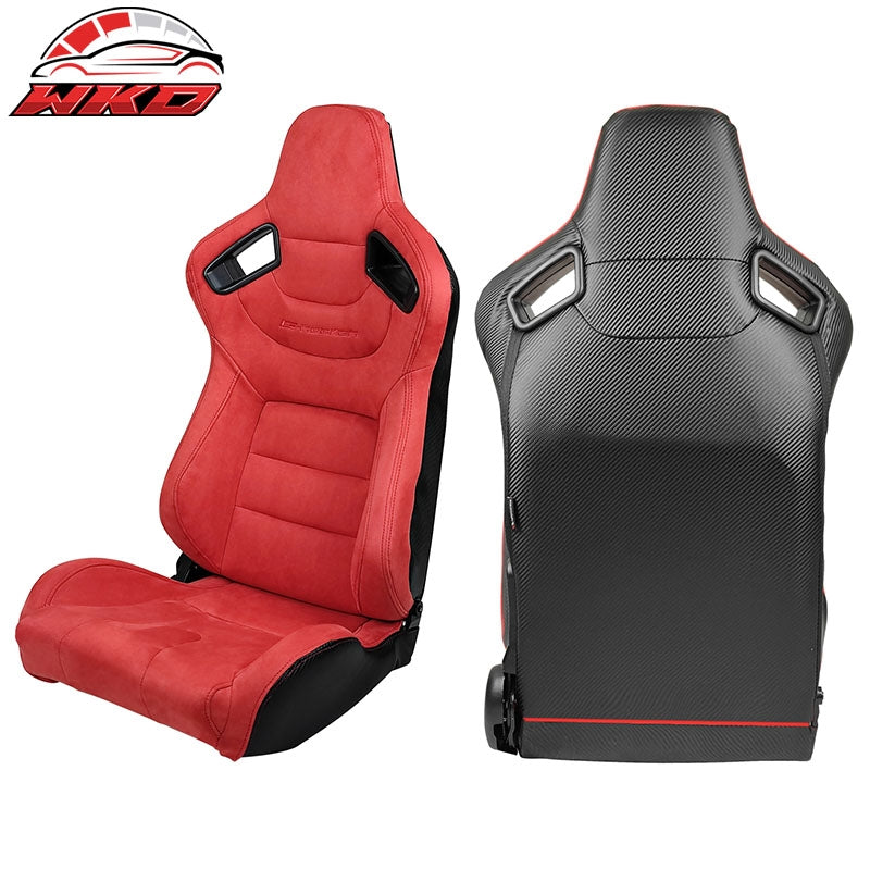 Universal Pair Reclinable Racing Seat Dual Slider Red Suede&Carbon Leather