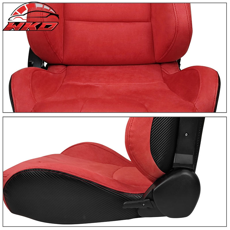 Universal Pair Reclinable Racing Seat Dual Slider Red Suede&Carbon Leather