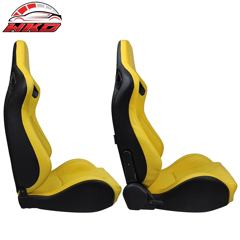 Universal Pair Reclinable Racing Seat + Dual Slider Yellow PU & Carbon Leather