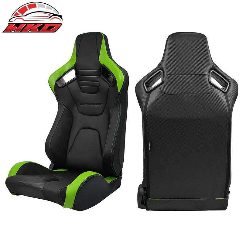 Universal Pair Reclinable Racing Seat Dual Slider PU&Carbon Leather Green Stripe