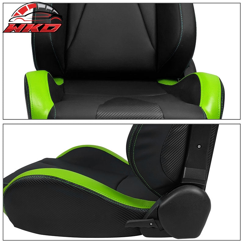 Universal Pair Reclinable Racing Seat Dual Slider PU&Carbon Leather Green Stripe