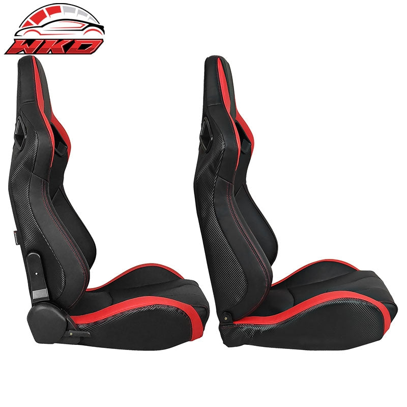 Universal Pair Reclinable Racing Seat Dual Slider PU&Carbon Leather Red Stripe