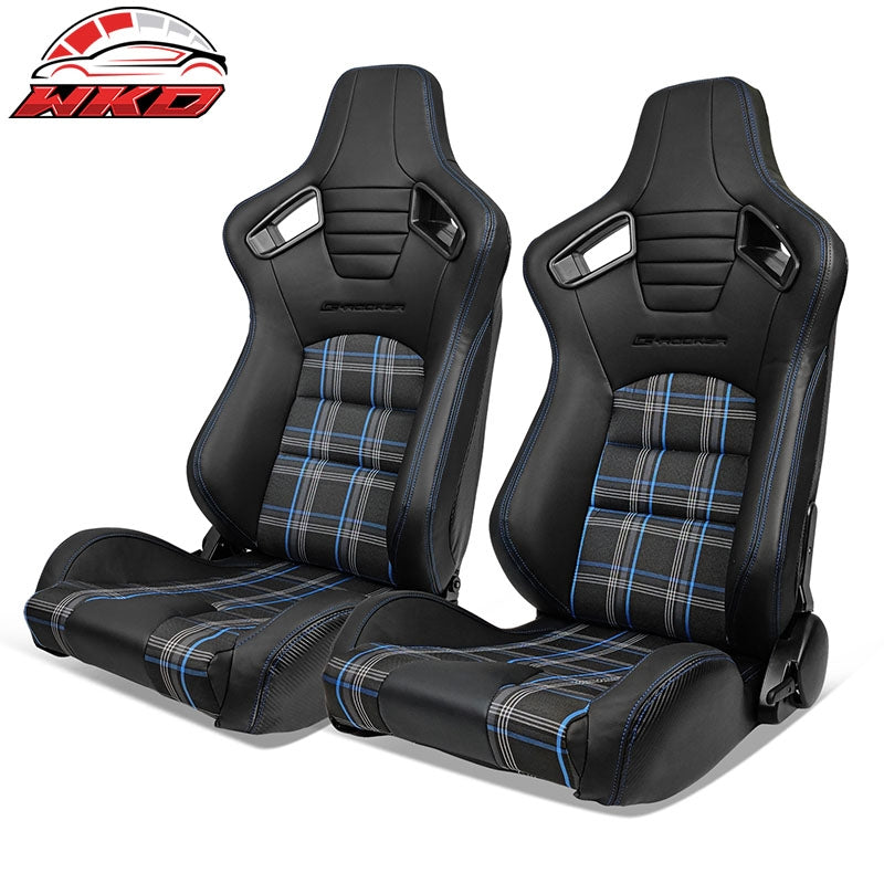 Wholesale Universal  Reclinable Racing Seat 2PC Dual Slider PU Carbon Leather Blue Plaid