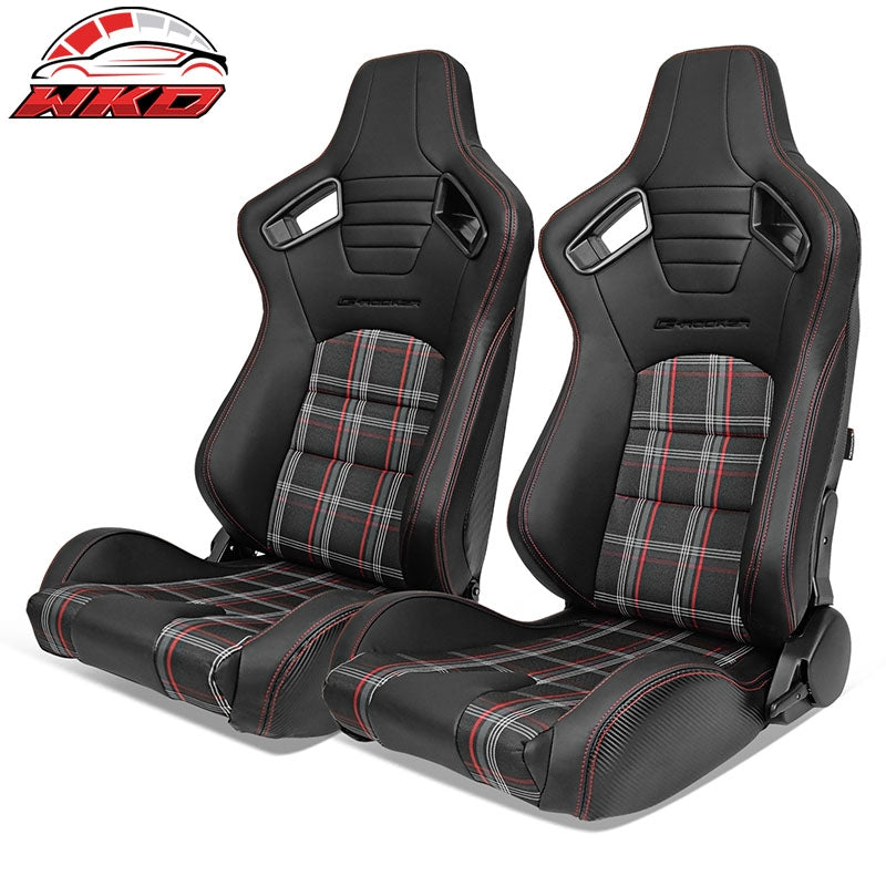 Wholesale Universal Reclinable Racing Seat 2PC Dual Slider PU Carbon Leather Red Plaid
