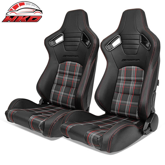 Wholesale Universal Reclinable Racing Seat 2PC Dual Slider PU Carbon Leather Red Plaid