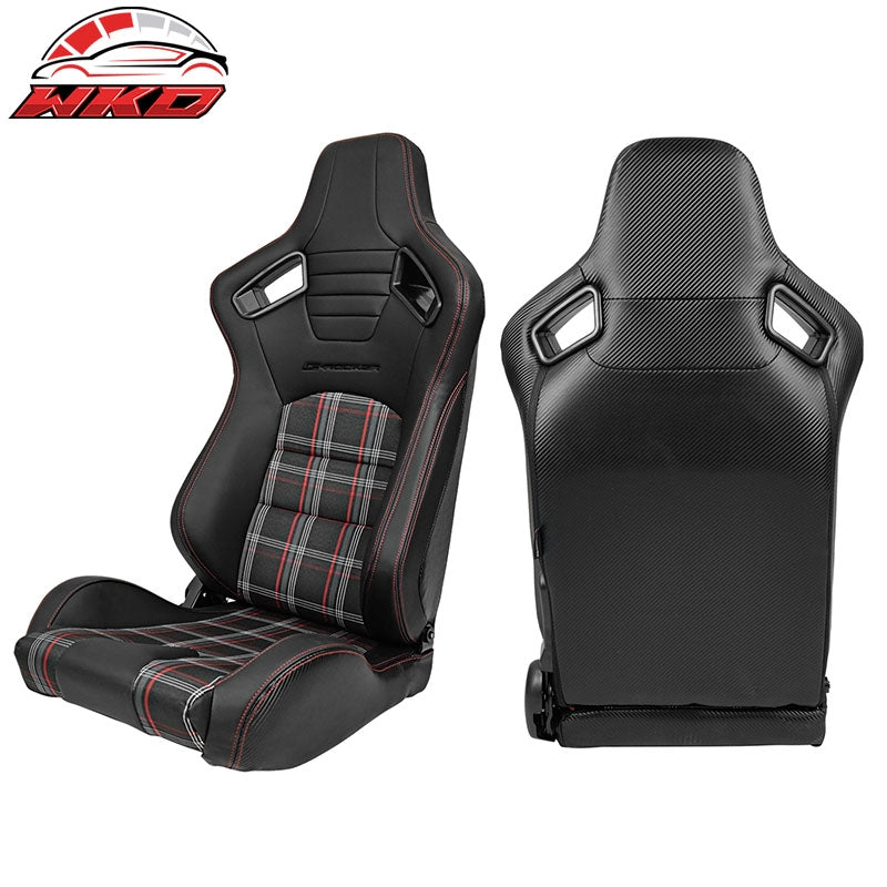 Universal Reclinable Racing Seat 2PC Dual Slider PU Carbon Leather Red Plaid