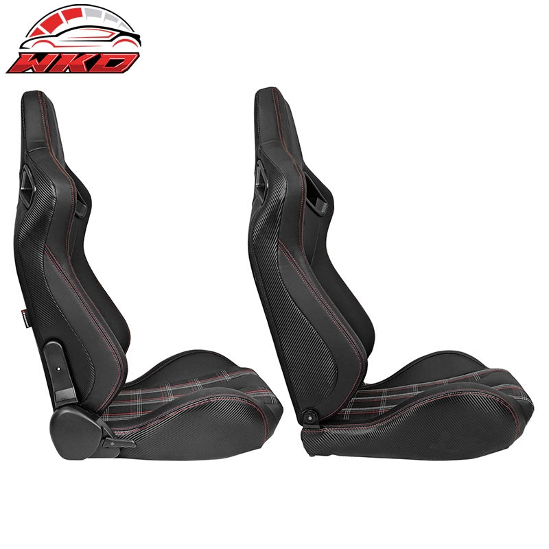 Universal Reclinable Racing Seat 2PC Dual Slider PU Carbon Leather Red Plaid