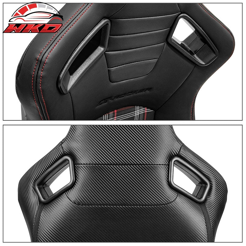 Universal Reclinable Racing Seat 2PC Dual Slider PU Carbon Leather Red Plaid