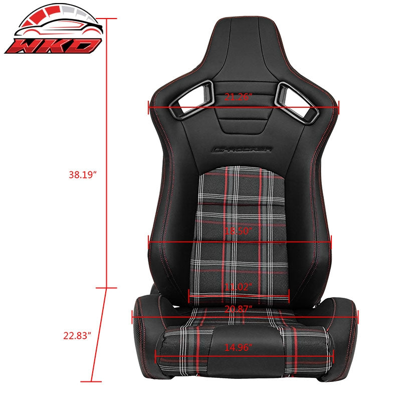 Universal Reclinable Racing Seat 2PC Dual Slider PU Carbon Leather Red Plaid