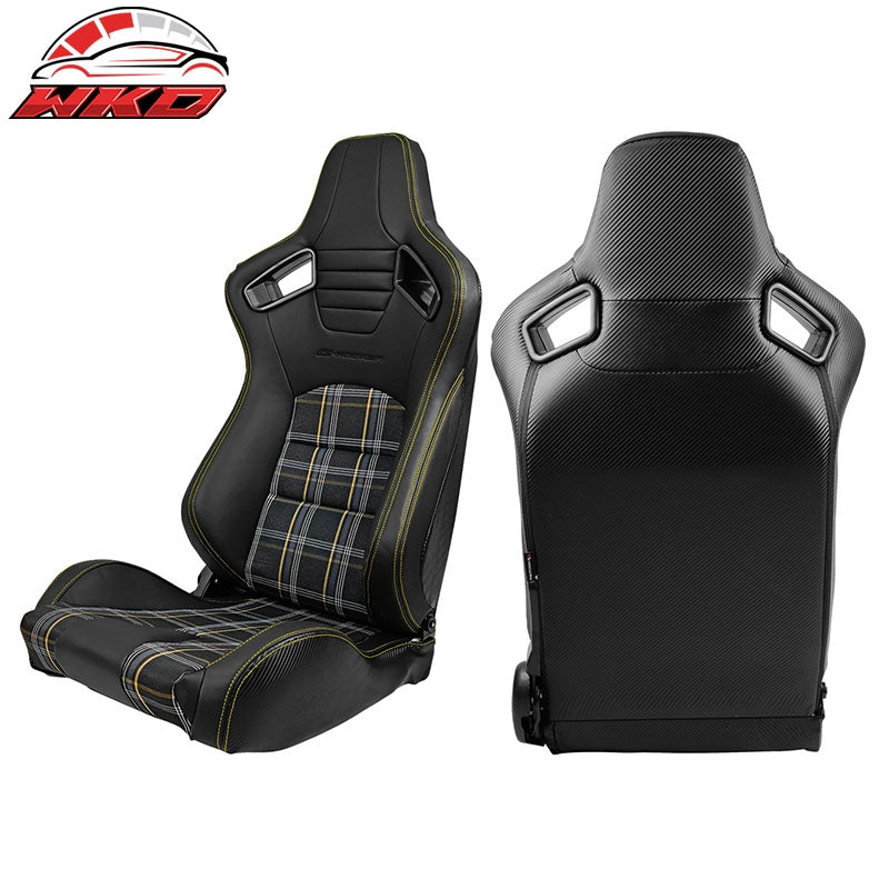 Universal Reclinable Racing Seat 2PC Dual Slider PU Carbon Leather Yellow Plaid