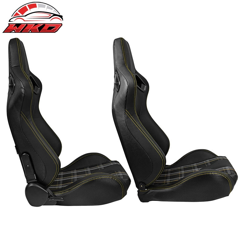 Universal Reclinable Racing Seat 2PC Dual Slider PU Carbon Leather Yellow Plaid