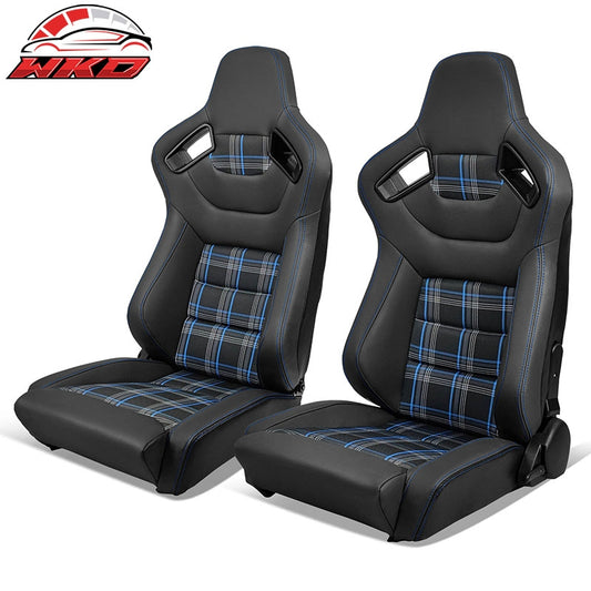Wholesale Universal  Reclinable Racing Seat 2PC Dual Slider Microfiber Leather Blue Plaid