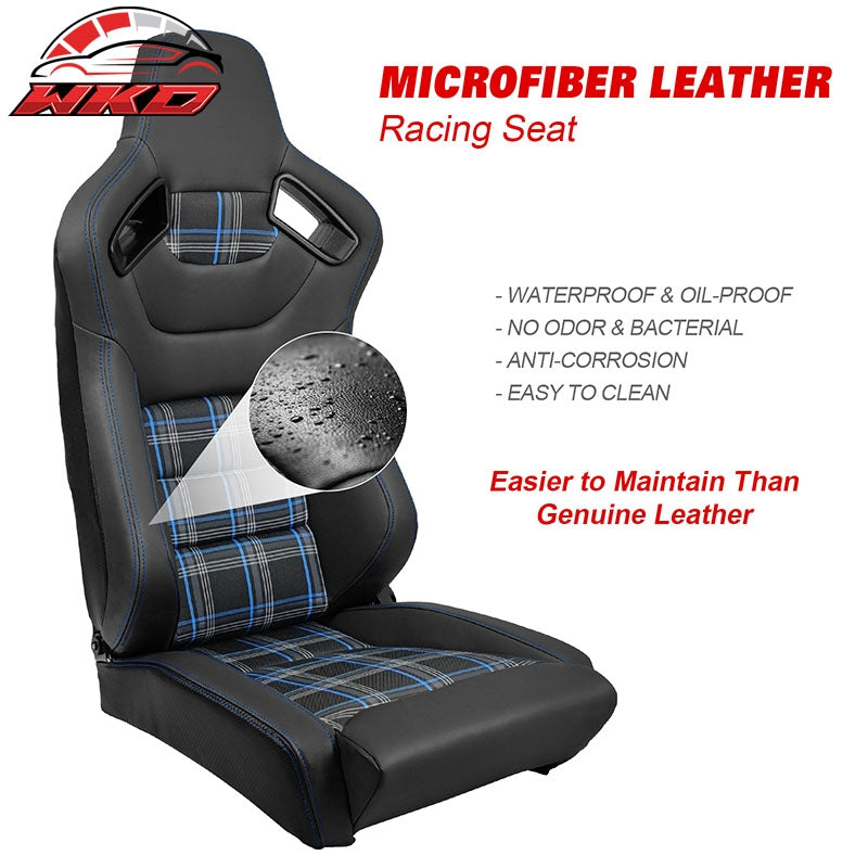 Universal  Reclinable Racing Seat 2PC Dual Slider Microfiber Leather Blue Plaid