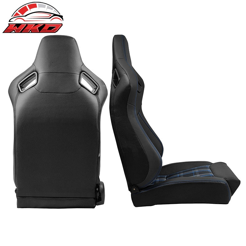 Universal  Reclinable Racing Seat 2PC Dual Slider Microfiber Leather Blue Plaid