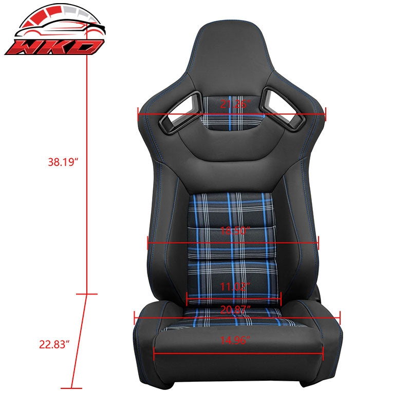 Universal  Reclinable Racing Seat 2PC Dual Slider Microfiber Leather Blue Plaid