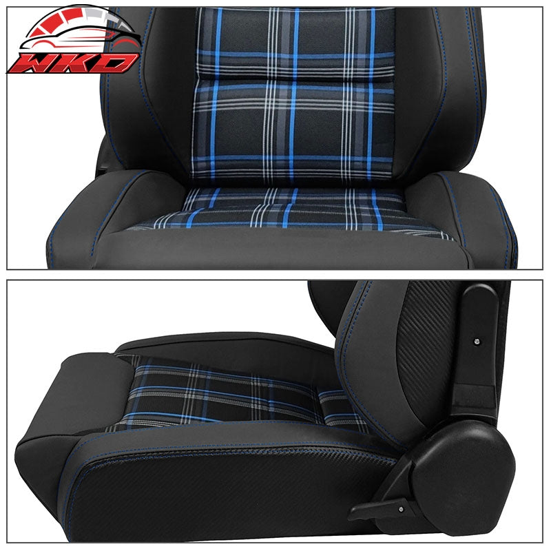 Universal  Reclinable Racing Seat 2PC Dual Slider Microfiber Leather Blue Plaid