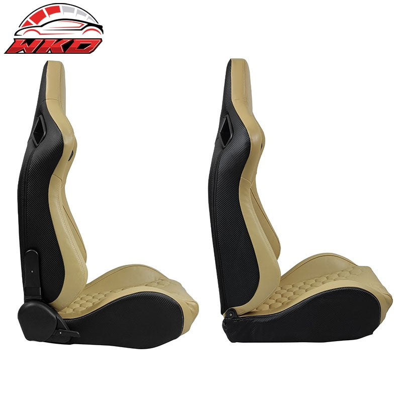 Universal X2 Reclinable Honeycomb Racing Seat + Dual Slider Beige PU Leather