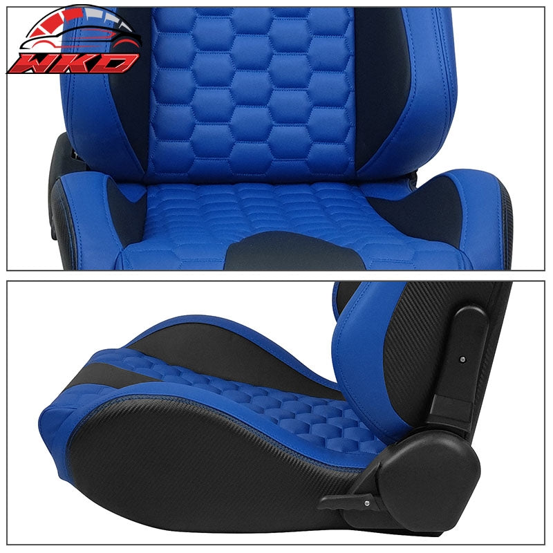 Universal X2 Reclinable Honeycomb Racing Seat +Dual Slider Blue Black PU Leather