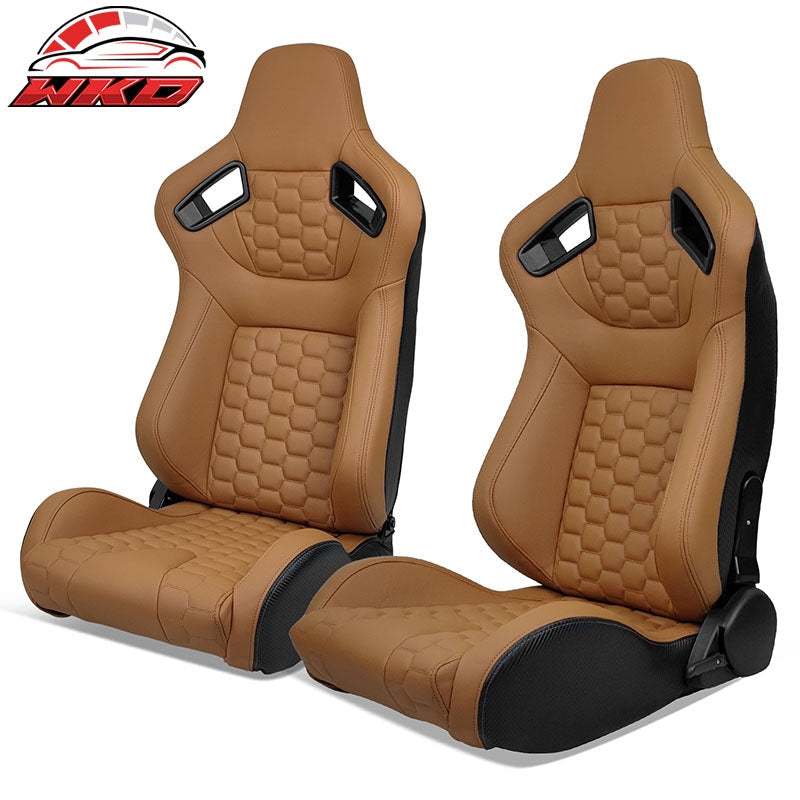Wholesale Universal X2 Reclinable Honeycomb Racing Seat + Dual Slider Brown PU Leather