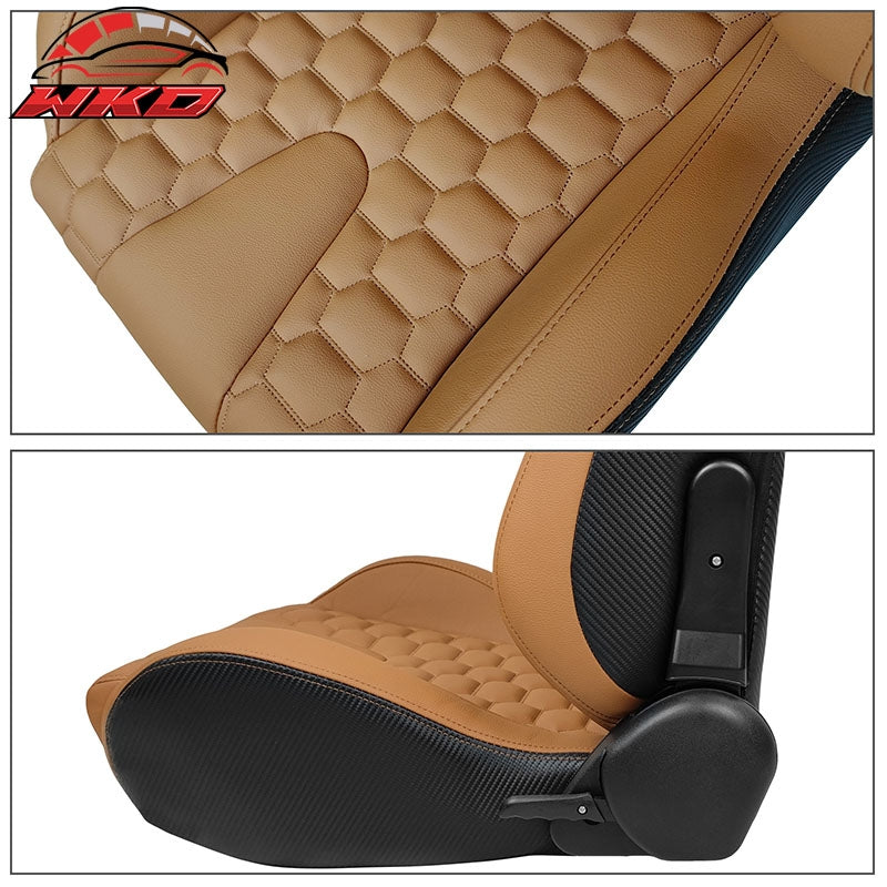 Universal X2 Reclinable Honeycomb Racing Seat + Dual Slider Brown PU Leather