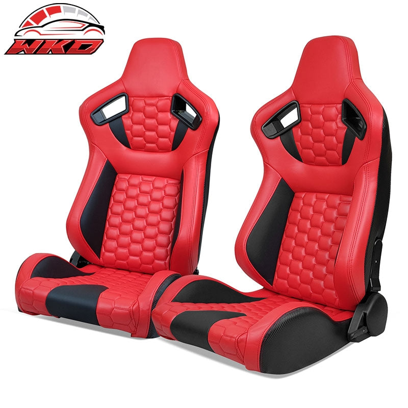 Wholesale Universal X2 Reclinable Honeycomb Racing Seat + Dual Slider Red Black PU Leather