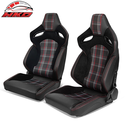 Wholesale Universal Reclinable Racing Seat Flat Style Dual Slider Red Plaid Carbon Leather