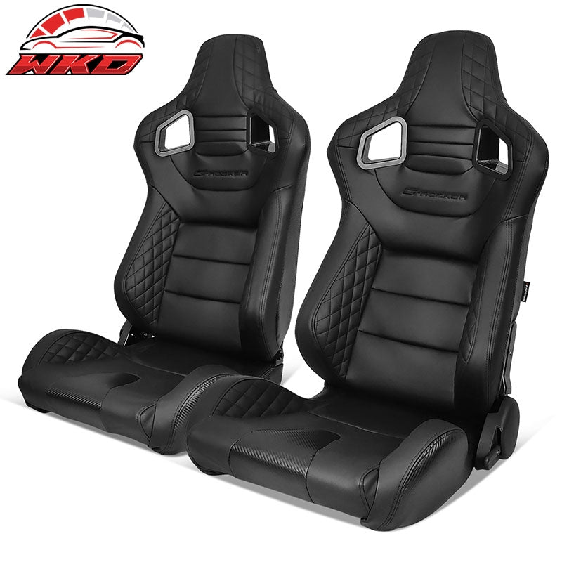 Wholesale Universal Pair Reclinable Racing Seats + Dual Slider Black PU&Carbon Leather